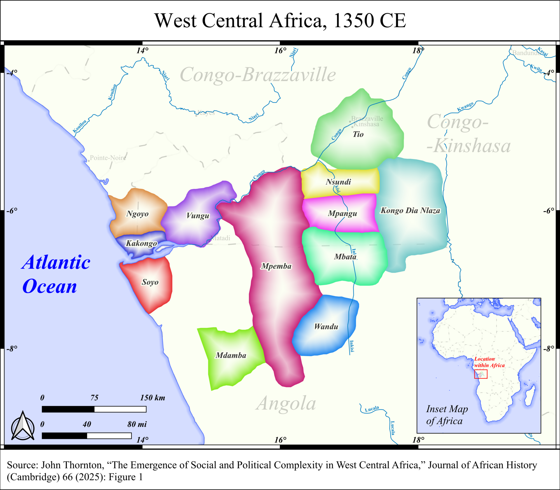 The states of the western Congo Basin around 1350, including the kingdoms of the wider Congo region. Credit: HetmanTheResearcher (CC0).
