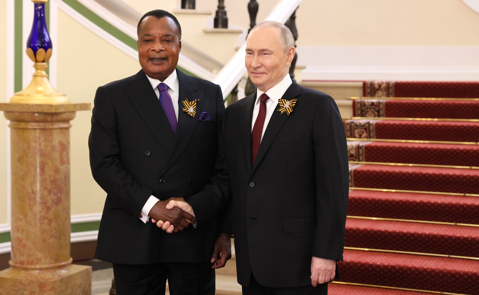 President Sassou Nguesso with Russian President Vladimir Putin. Like many long-ruling leaders in the region, he has cultivated ties with a range of foreign powers to sustain his oil-dependent government.