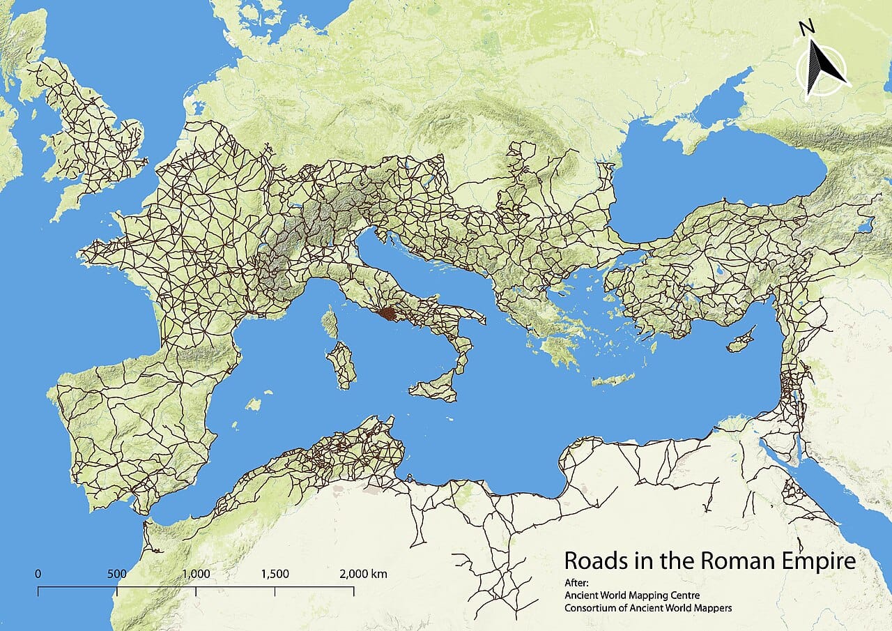 The Roman road network. Roads were built for the movement of armies and administration, and trade followed rather than led.