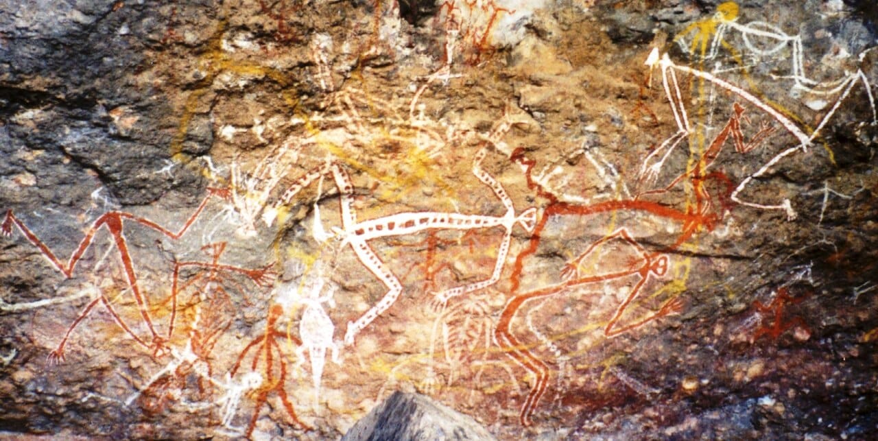 Painted figures at Nourlangie in Australia. Pigment applied to a sheltered rock surface can survive for millennia where it is protected from rain and direct sun.