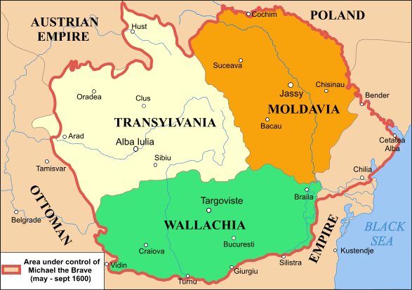 A map of Wallachia, Moldavia, and Transylvania briefly united under Michael the Brave around 1600. Though it lasted only months, the union was later cherished as a foreshadowing of modern Romania.