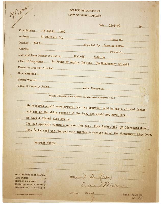 The official record of Rosa Parks's arrest, which helped ignite a movement.