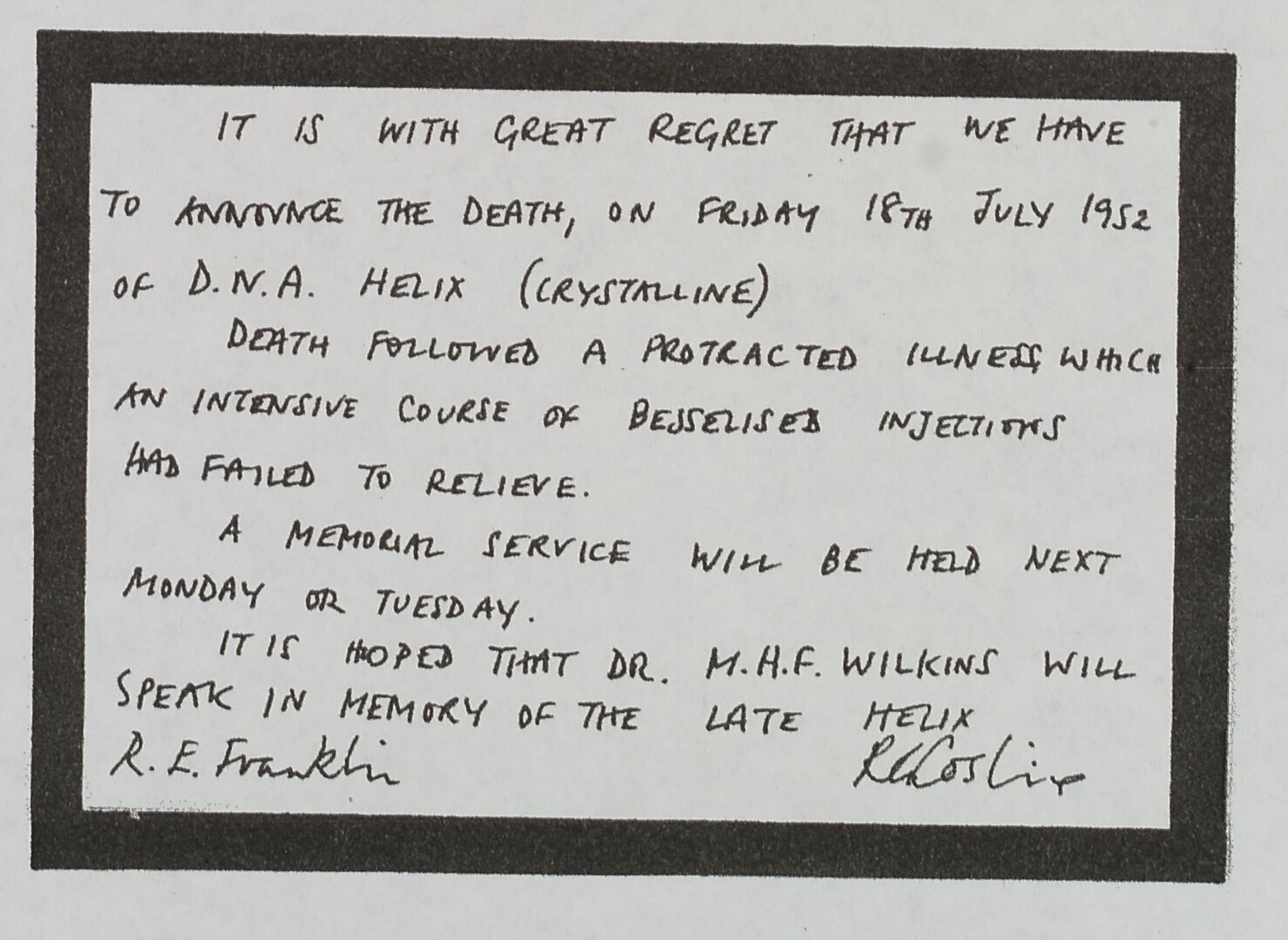 One of Franklin's own witty notes; she brought rigour and humour to her work.
