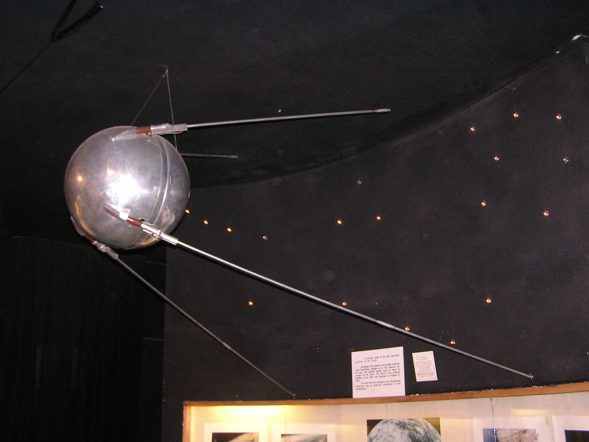 A model of Sputnik 1, launched by the Soviet Union in October 1957. The first artificial satellite, it opened the space age and stunned the world, igniting the space race with the United States.