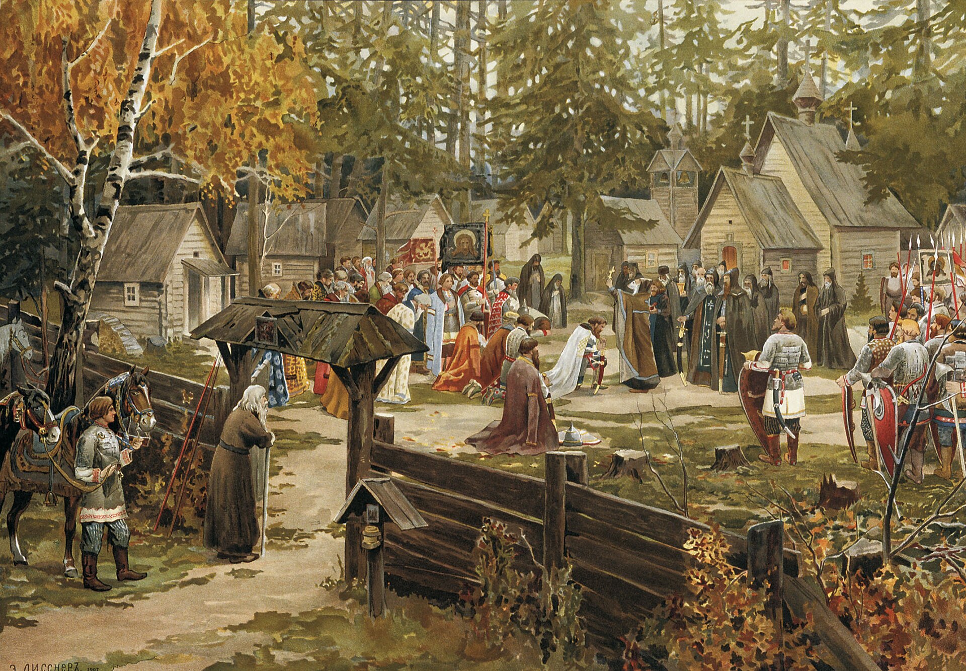 Saint Sergius of Radonezh blessing Prince Dmitry Donskoy before battle, in the fourteenth century. The Orthodox Church gave Moscow's struggle against Mongol rule the force of a holy cause.
