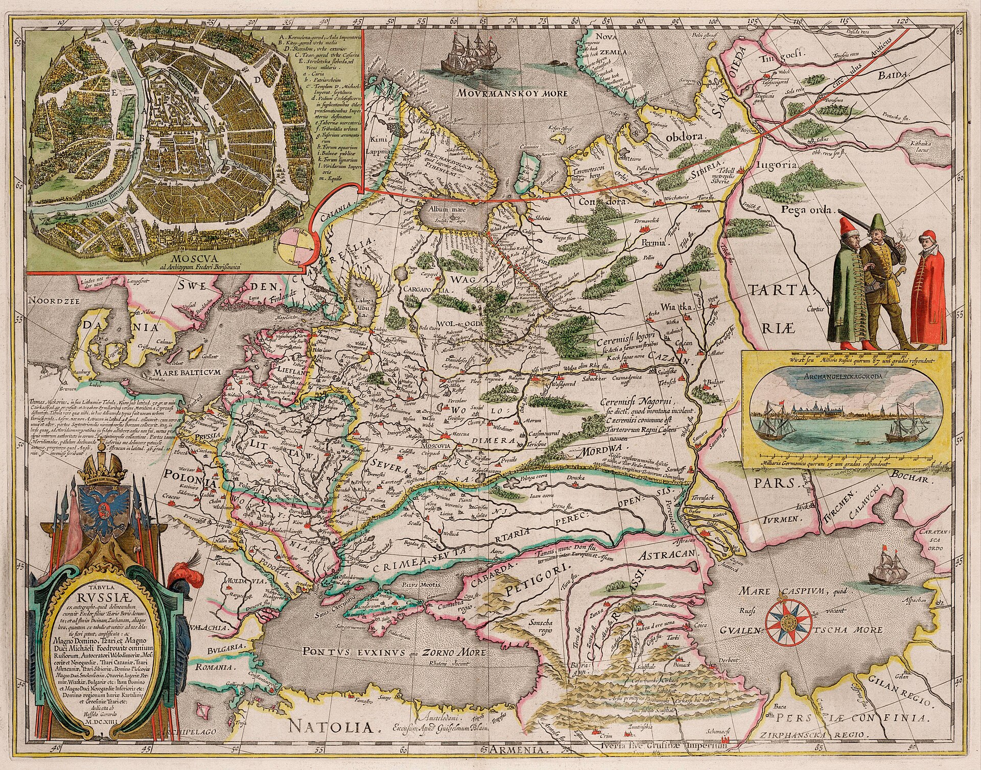An early seventeenth-century map of Russia. It was drawn as the Grand Duchy of Moscow expanded into the multi-ethnic empire that would push east across Siberia to the Pacific.