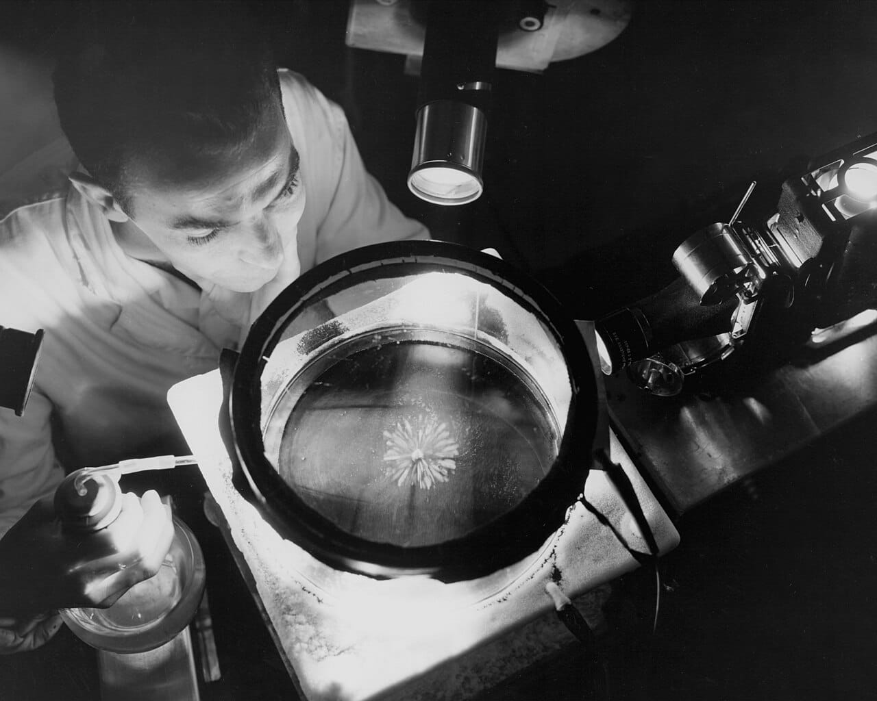 Alpha particle research of the period. The counting was done by eye, watching for individual scintillations on a zinc sulphide screen in a darkened room.