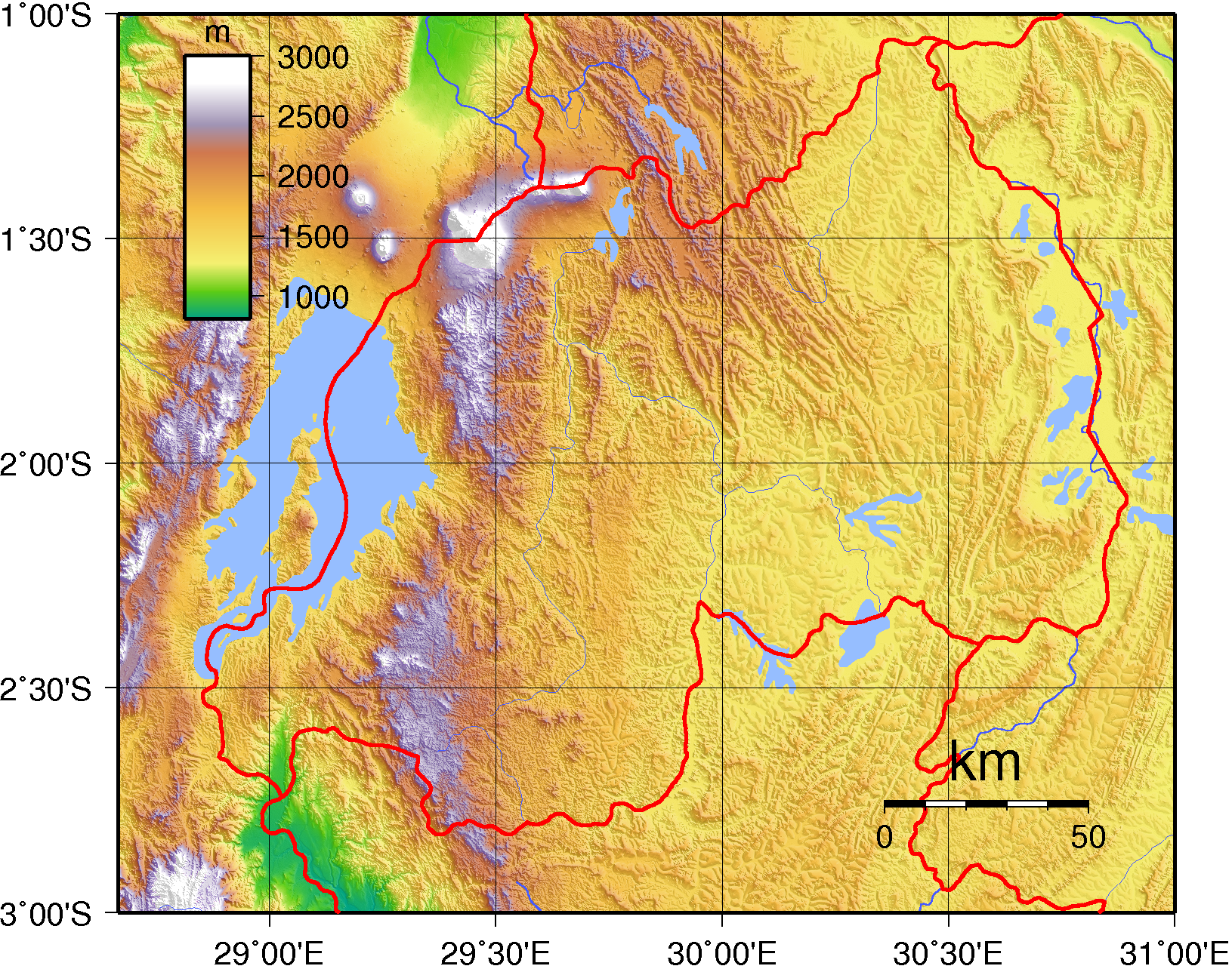 The hilly topography of Rwanda, the land of a thousand hills. Credit: Sadalmelik (Public domain).