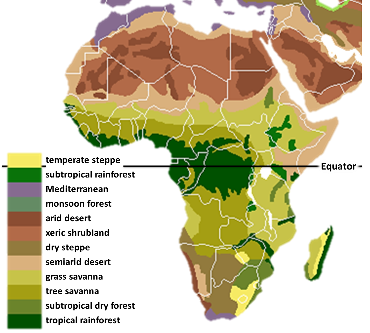A map of Africa's biomes, showing the Sahara as a broad band across the north of the continent. Credit: Vegetation.png: Ville Koistinen (user Vzb83) derivative work: Ukabia (talk) (CC BY-SA 3.0).