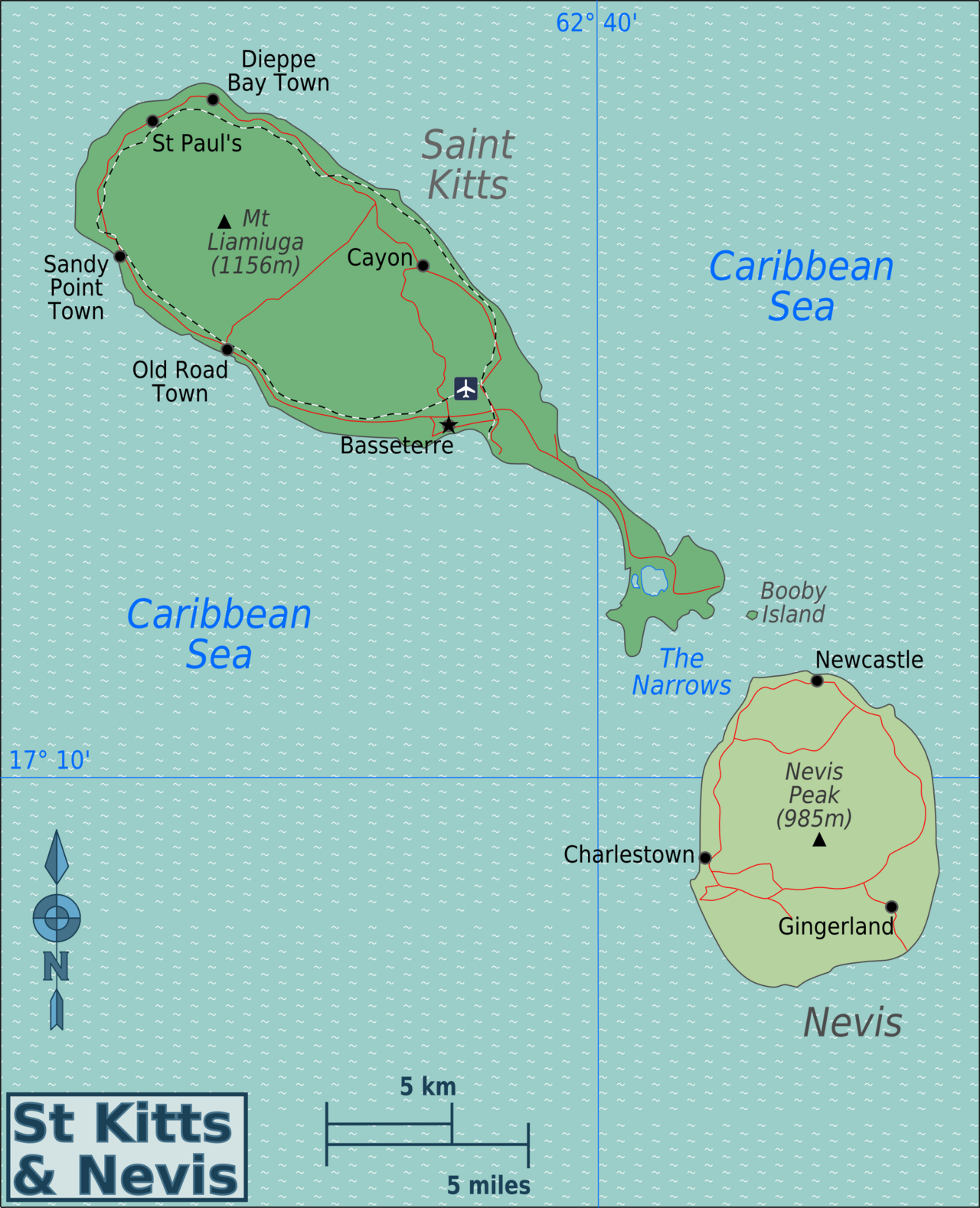 A map of the federation. Saint Kitts and Nevis are separated by a two-mile channel called The Narrows and together cover only about 261 square kilometres, the smallest sovereign state in the Americas.