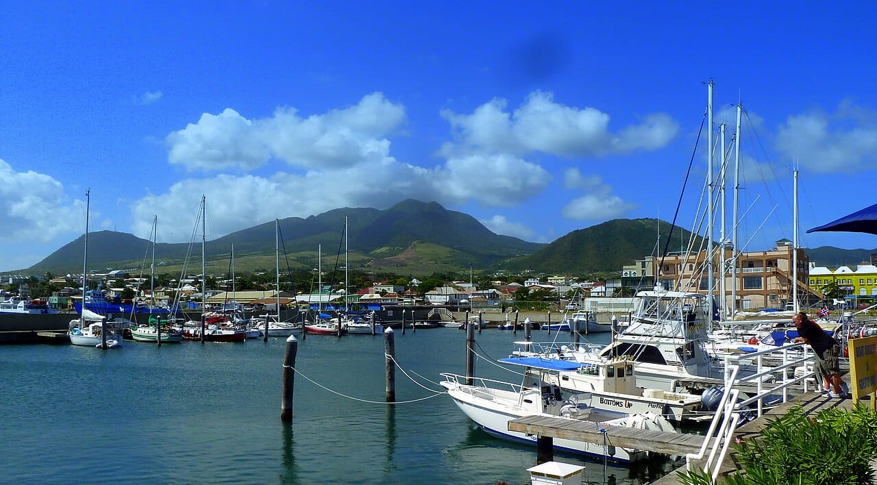 The marina at Basseterre, the capital and much the largest town in the federation. Around four fifths of the population lives on Saint Kitts, the rest on Nevis.
