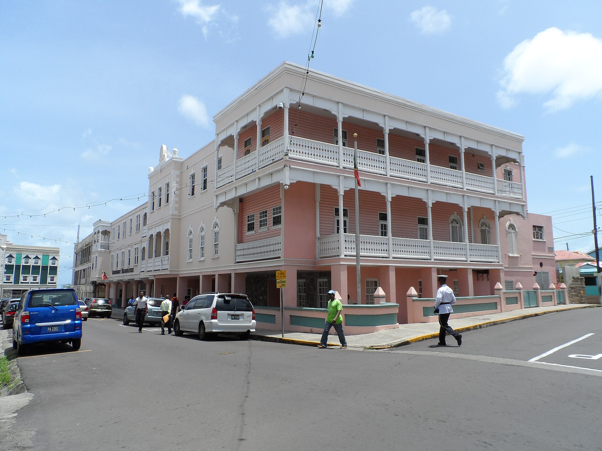 A government building in Basseterre. The federation is unusual in giving Nevis its own assembly and premier, and an explicit constitutional right to secede by a two-thirds referendum majority.