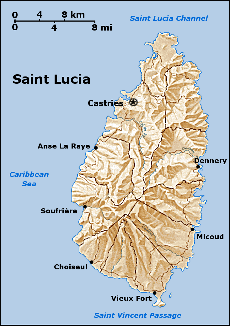 A map of Saint Lucia. The island is volcanic and steep, rising to 950 metres, with settlement following a deeply indented coast and the mountainous interior largely forested.