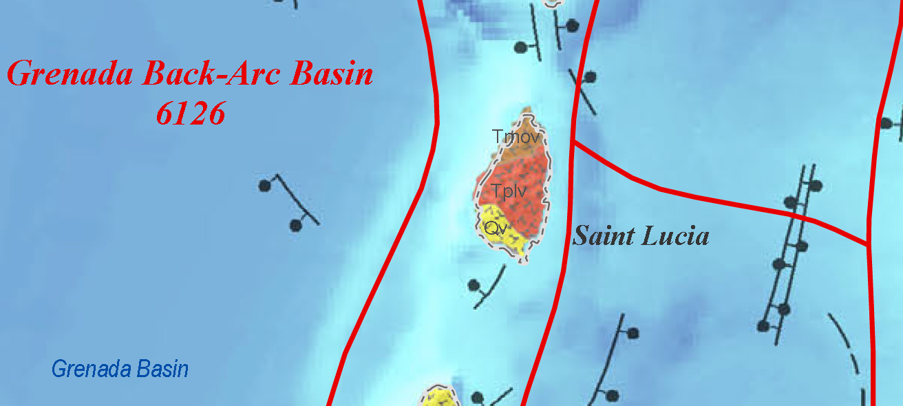 A geological map of Saint Lucia. The island is built from successive volcanic centres, the youngest in the southwest around the Qualibou caldera, where the geothermal field is still active.