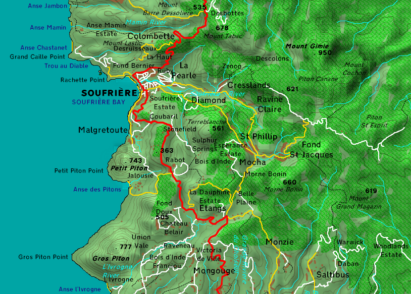 The Soufriere volcanic area near the Pitons, home to the hot springs that Saint Lucians call a drive-in volcano. Credit: Mjr74 (CC BY-SA 4.0).