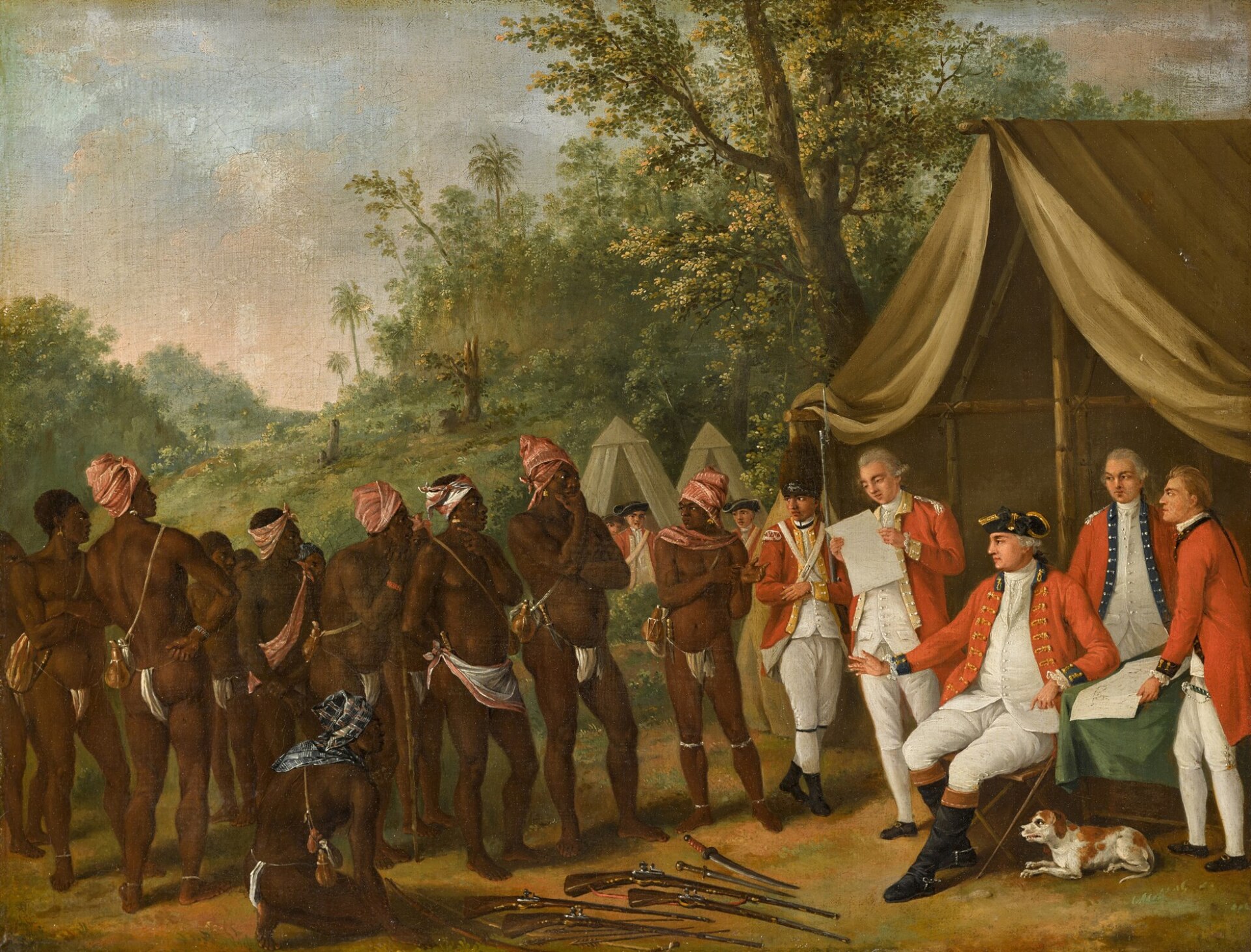Negotiations between the British and the Caribs in 1773, from the long struggle over the island of Saint Vincent. Credit: Agostino Brunias (Public domain).