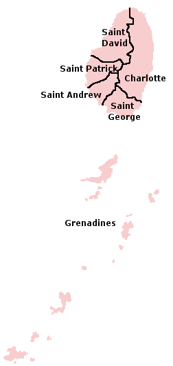 The parishes of Saint Vincent. The main island is steep and volcanic, and the Grenadines trail south from it as a chain of low, dry, reef-fringed islands and cays.