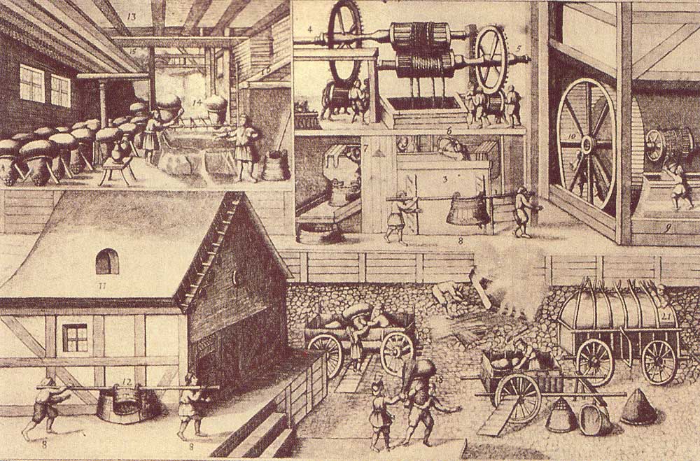 Historic salt production from brine. Where climate did not permit solar evaporation, brine was boiled, which consumed enormous quantities of fuel.