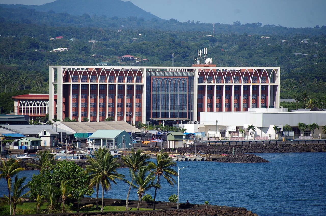 A government building in Apia, the capital and only city of Samoa. Home to the country's administration and its harbour, Apia is the hub of a nation whose people still live mostly in traditional coastal villages.