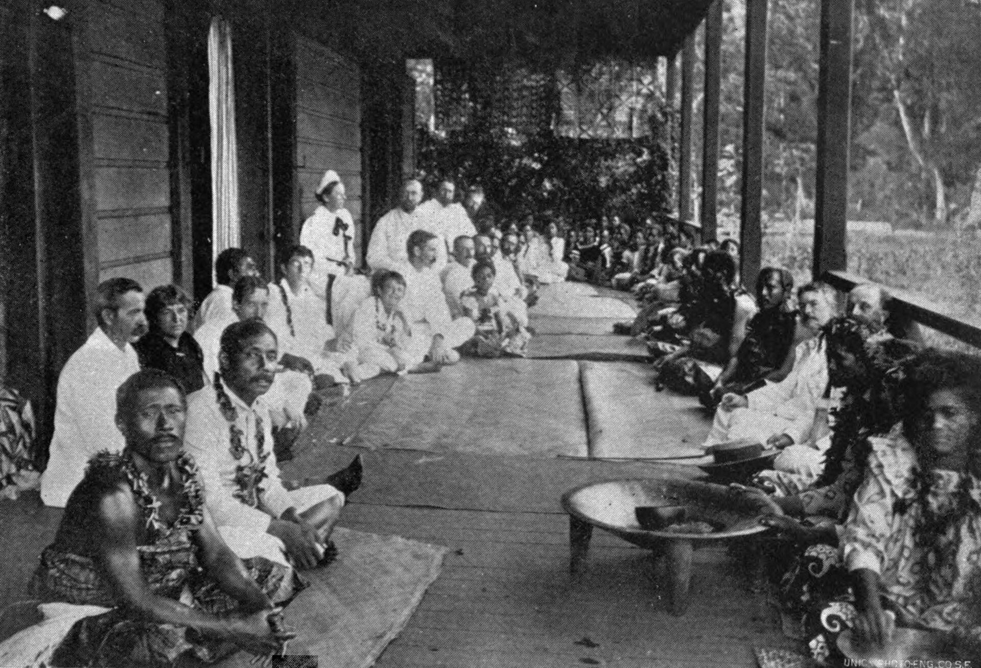 A celebration on the islands in 1896 for the birthday of the writer Robert Louis Stevenson, who spent his final years in Samoa and was beloved by its people. He was buried on a hilltop above the capital and remains a cherished figure.