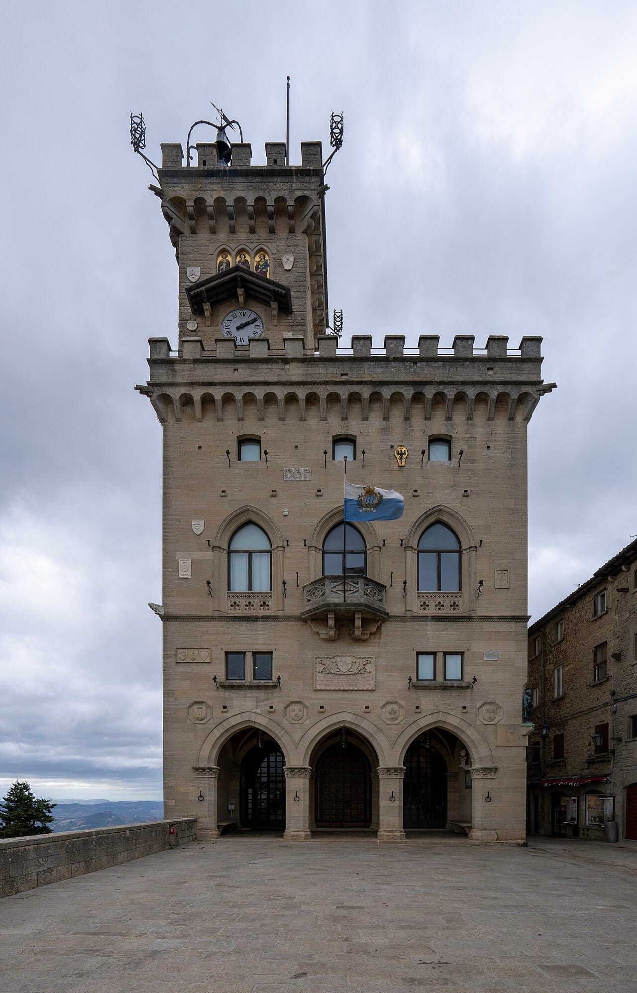 The Palazzo Pubblico, the seat of government of San Marino, where the republic's councils meet. The world's oldest republic runs a full parliamentary state from this town hall on Monte Titano.
