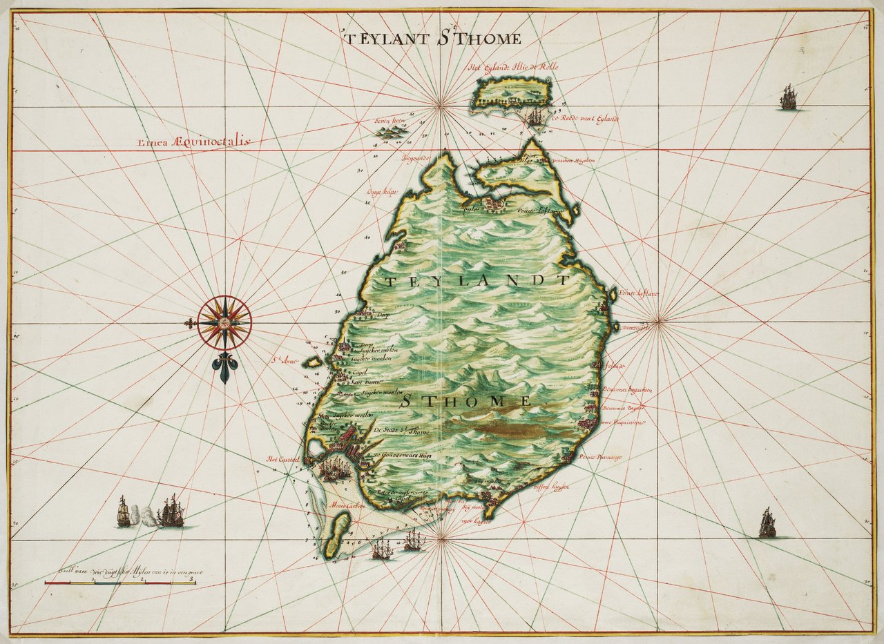A 1665 map of São Tomé. Uninhabited before the Portuguese came around 1470, the island became one of the world's first slave-worked plantation colonies, a model later carried across the Atlantic to Brazil.