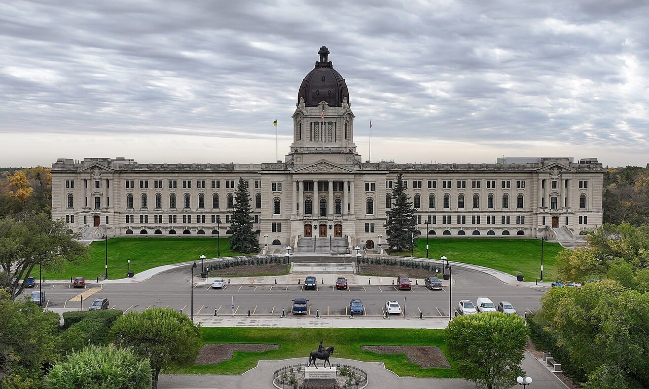 The Saskatchewan Legislative Building in Regina, the provincial capital, completed in 1912. Set in parkland by a lake, its domed halls are the seat of the province's Legislative Assembly.