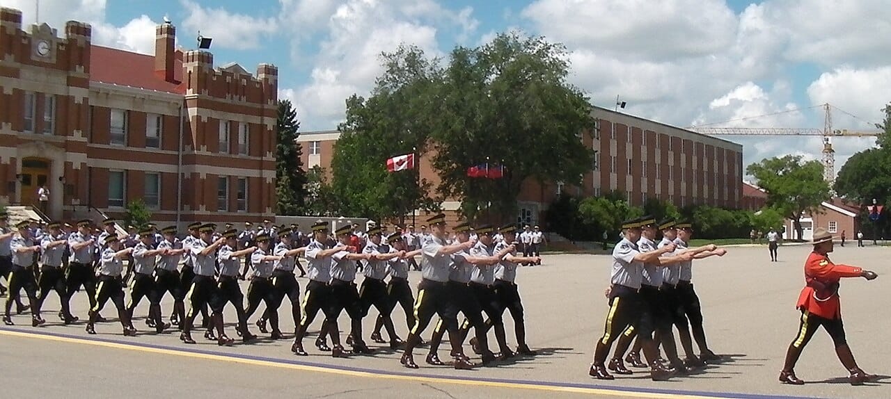 Cadets of the Royal Canadian Mounted Police at the training academy, Depot Division, in Regina. The famous force has trained its recruits in the Saskatchewan capital for well over a century.