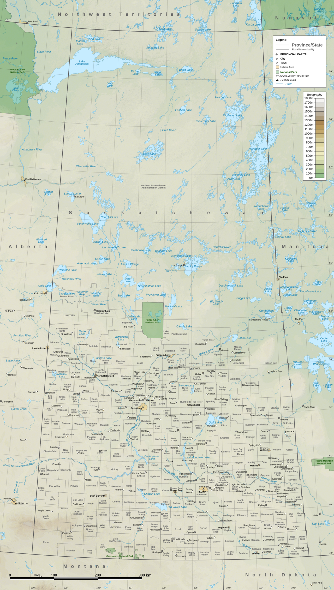 A topographic map of Saskatchewan, showing the flat farmland of the south giving way to the lakes and forests of the Canadian Shield in the north.