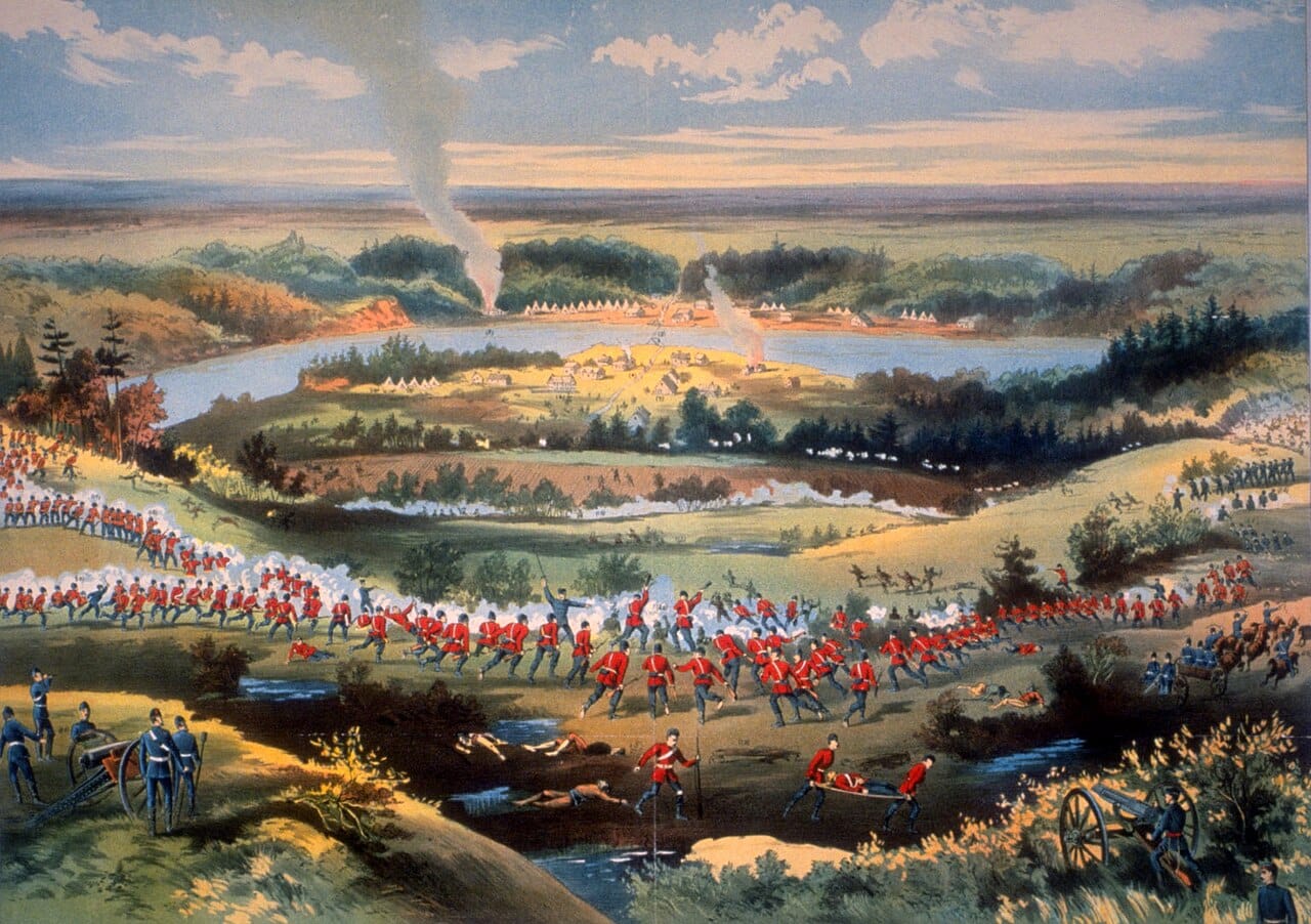A print of the Battle of Batoche in 1885, the decisive clash of the North-West Resistance, in which Métis and their allies under Louis Riel were defeated by Canadian forces. It remains a defining and contested event in the region's history.