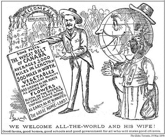 An advertisement of 1898 promoting free land in the Canadian wheat belt. Campaigns like this drew a flood of settlers from Europe to the prairies of Saskatchewan around the turn of the twentieth century.
