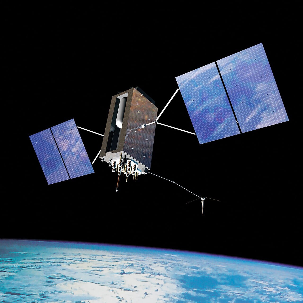 A GPS satellite. Each broadcasts its position and a precise time, and a receiver solves for its own position and clock error together.