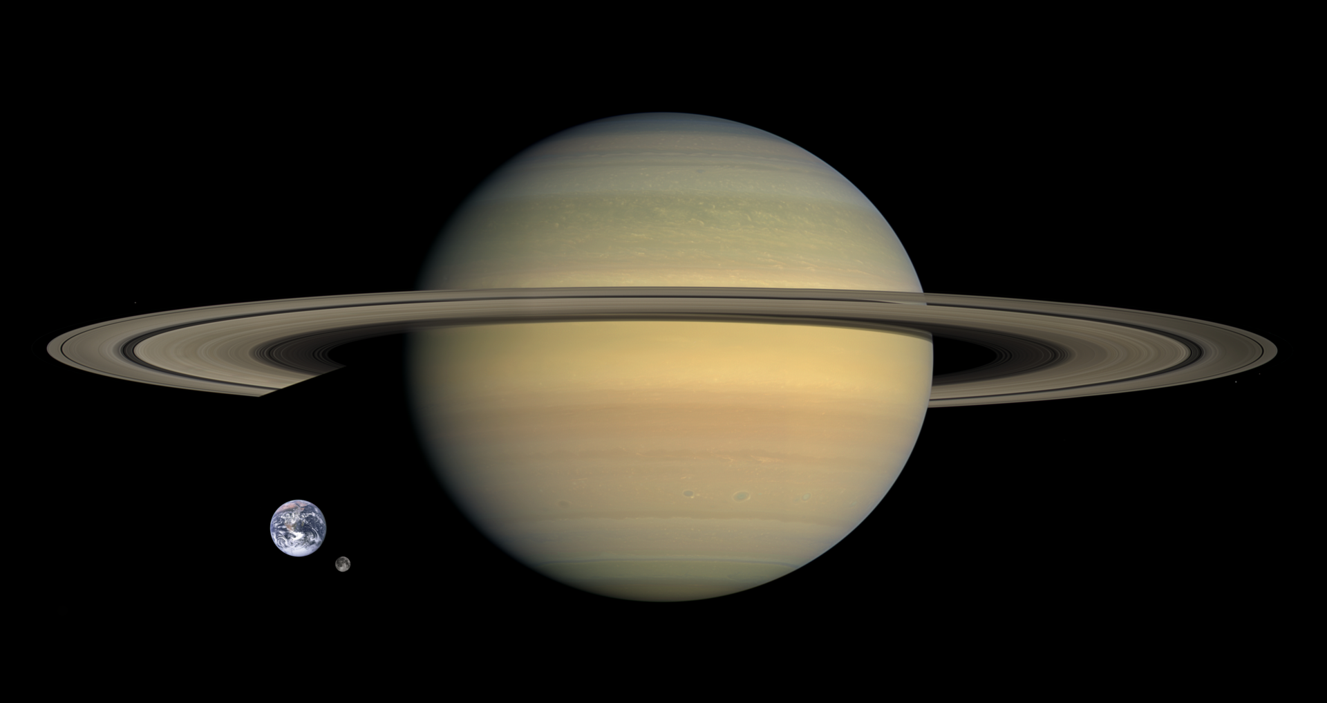 Saturn compared in size with Earth and the Moon; the planet could swallow our world many times over. Credit: NASA/JPL (Public domain).