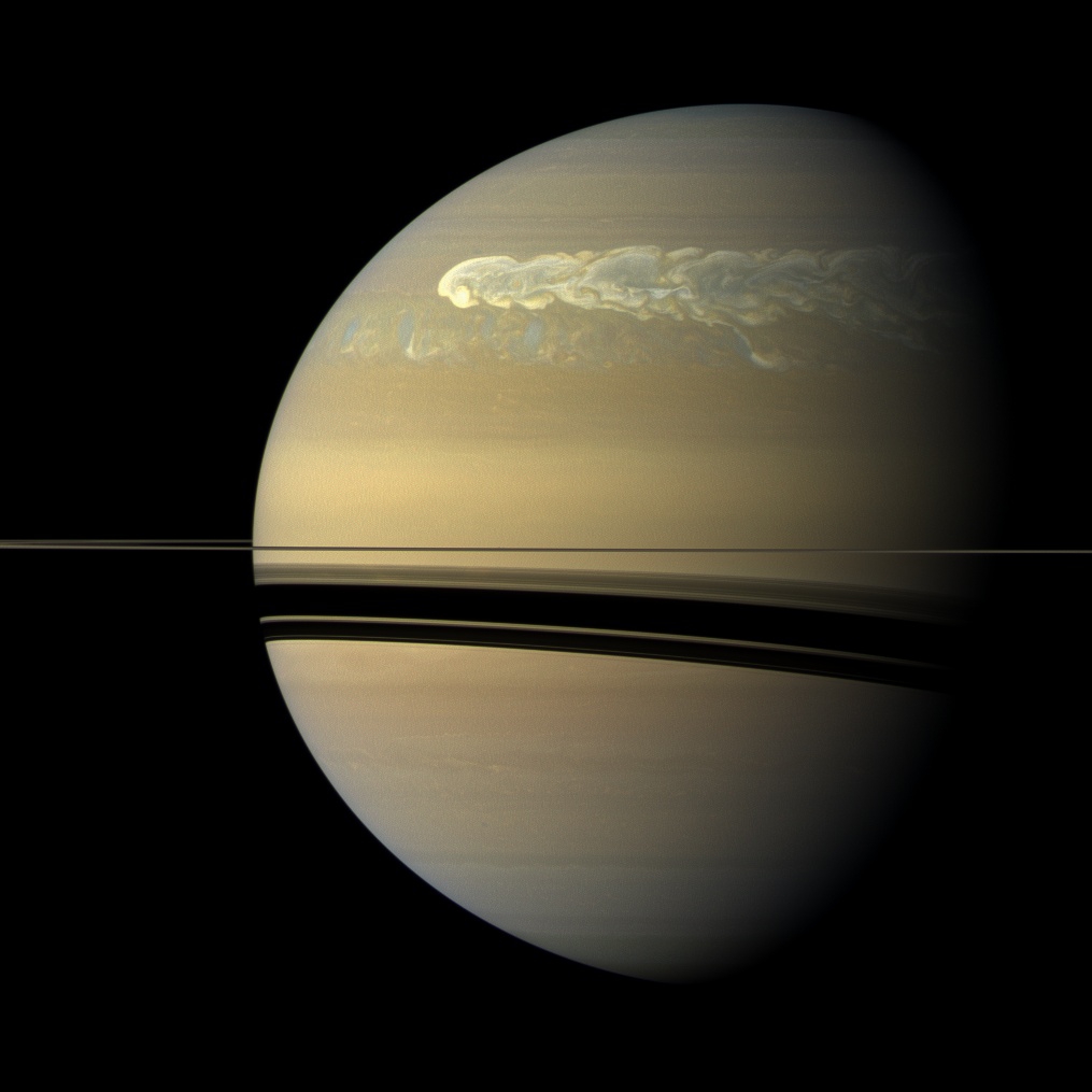 A vast storm encircling Saturn in 2011, one of the periodic upheavals in its atmosphere. Credit: NASA/JPL-Caltech/SSI (Public domain).