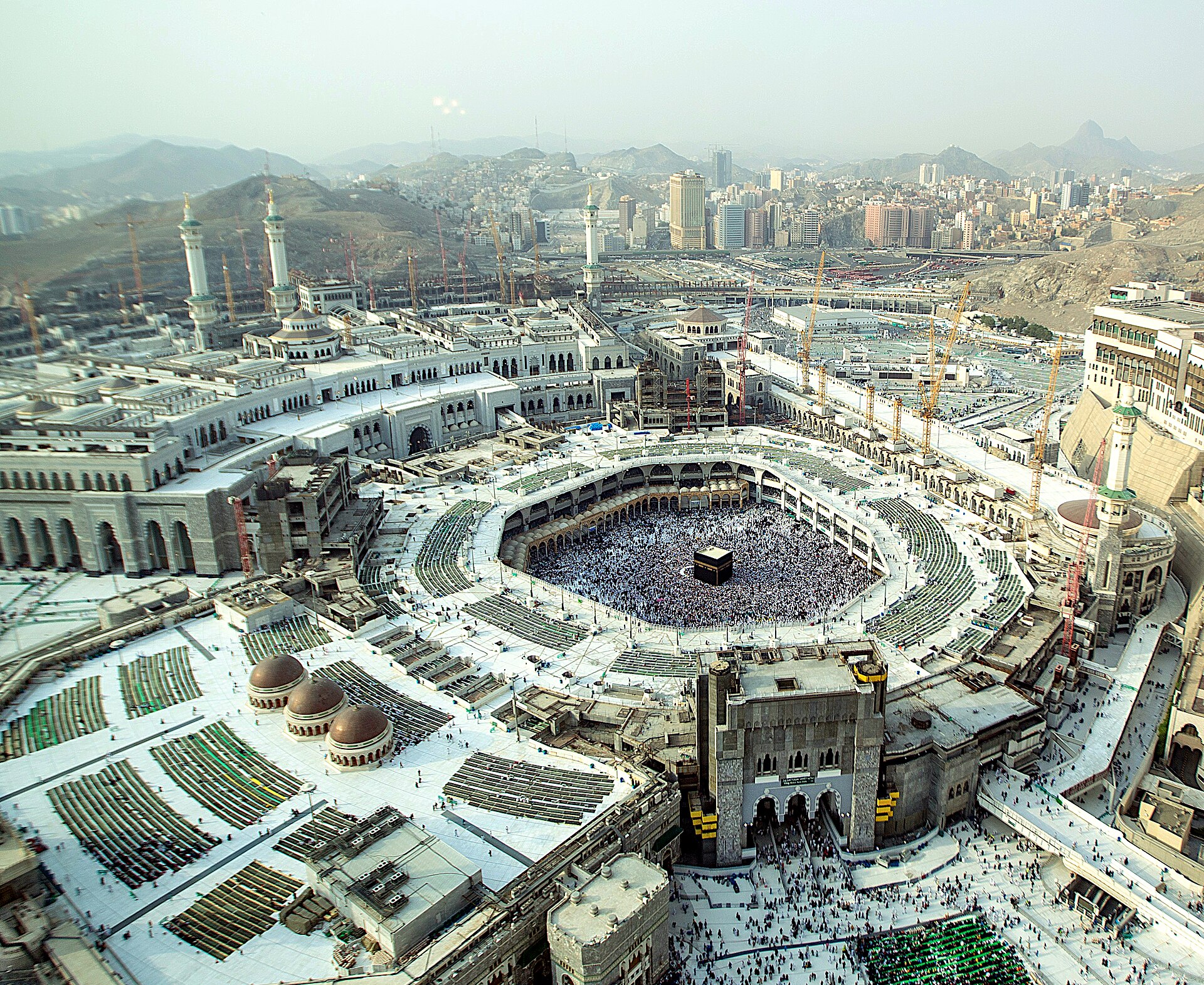 The Great Mosque of Mecca surrounding the Kaaba, the holiest site in Islam and the focus of the Hajj pilgrimage.