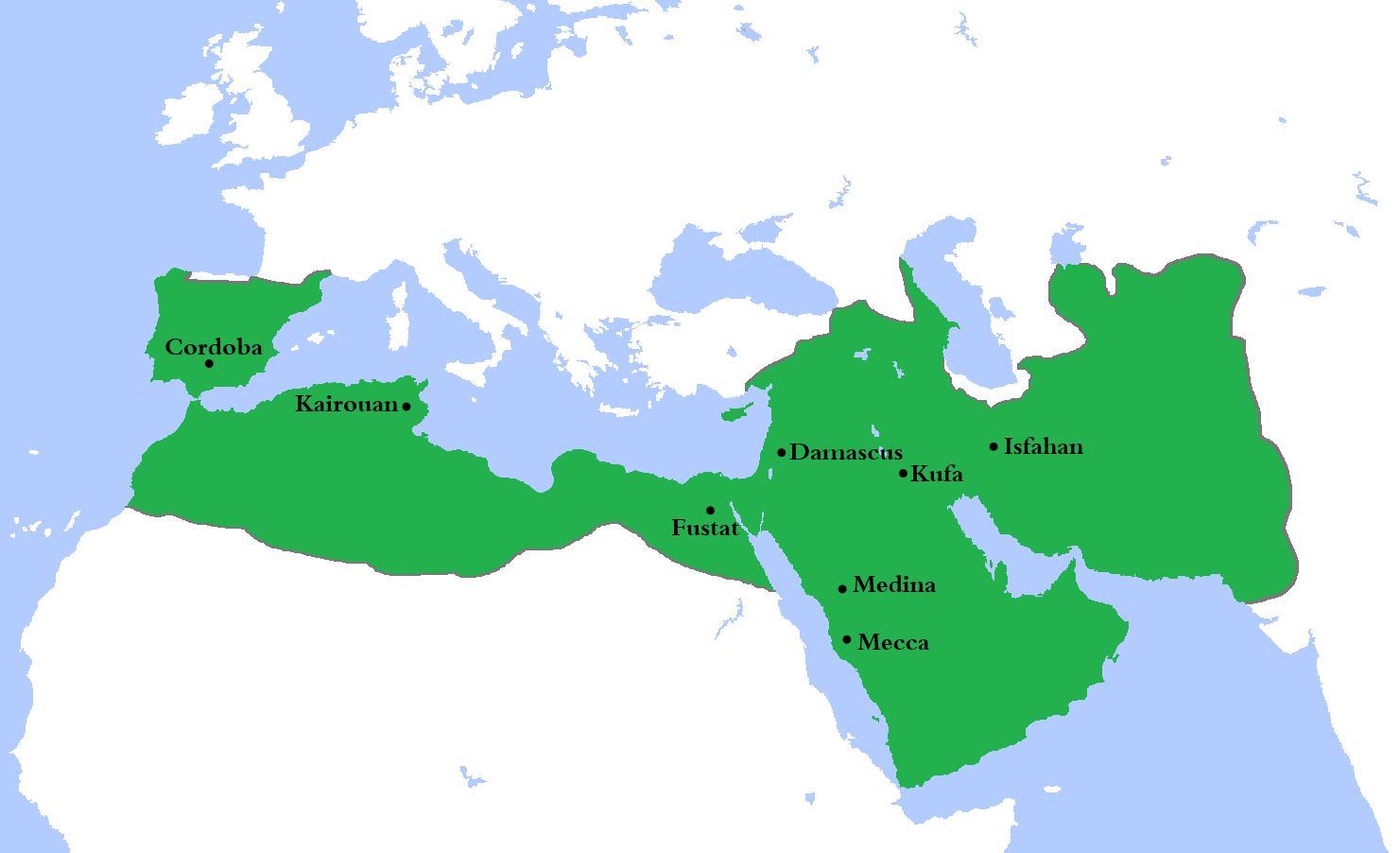 The Umayyad Caliphate around 750, when Islam spread from Arabia across three continents. Credit: Gabagool (CC BY 3.0).