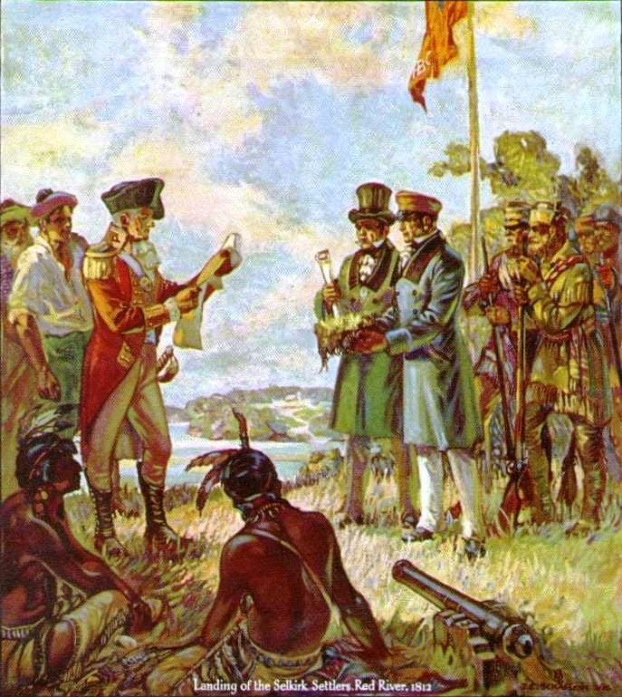 A depiction of the Selkirk settlers arriving at the Red River in 1812. The colony they founded was the first substantial agricultural settlement in what became Manitoba, and its arrival brought conflict with the existing Metis community and the North West Company.