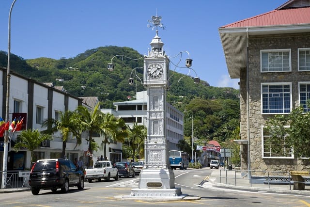 The clock tower in Victoria, a scaled-down copy of one on Vauxhall Bridge Road in London, erected in 1903 when Seychelles became a separate colony. Victoria is among the smallest capital cities in the world.