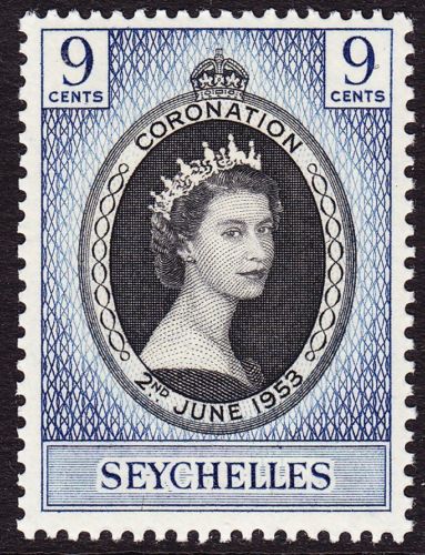 A 1953 coronation stamp. Seychelles remained a British colony until 1976 and is still a member of the Commonwealth, though it became a republic at independence rather than a realm.