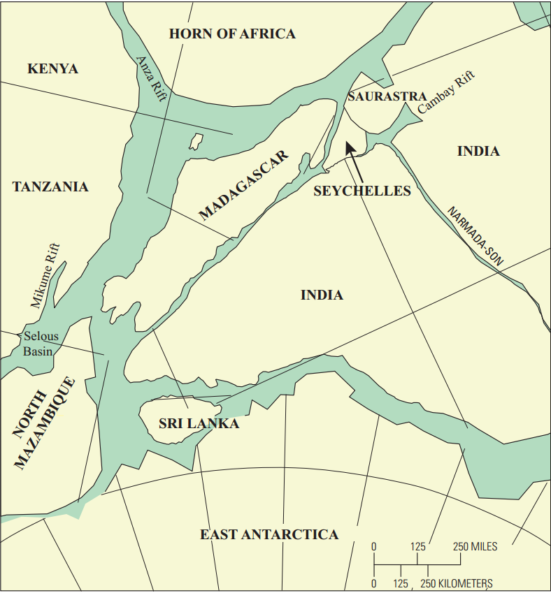 The break-up of Gondwana. The inner Seychelles are granite fragments left behind when India separated from Africa and Madagascar, making them among the oldest ocean islands in the world and quite unlike the volcanic and coral islands around them.