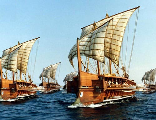 A depiction of ancient Greek galleys. Hobbes added the decisive twist: if the discarded planks are reassembled, two ships now compete for the same identity.
