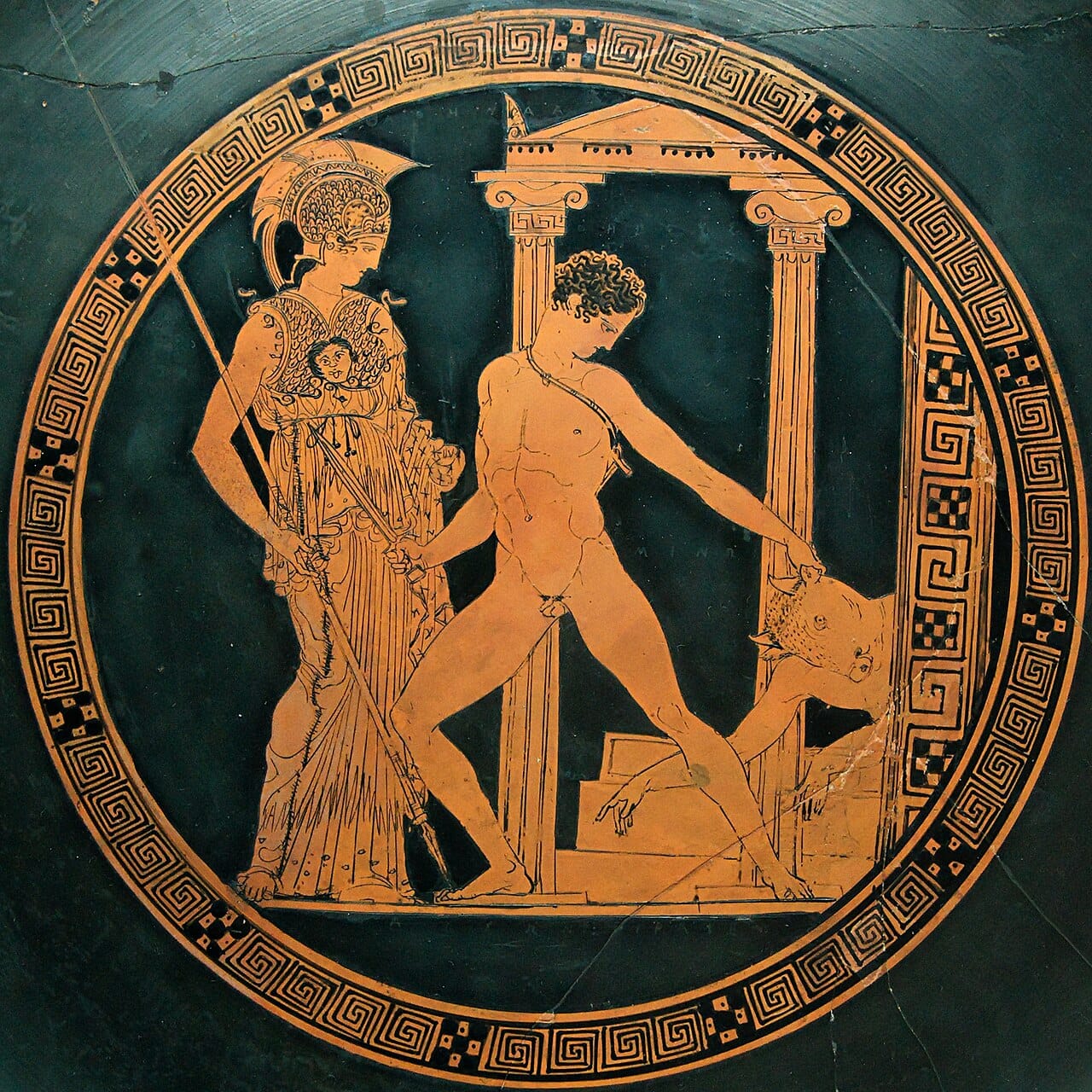 Theseus depicted on a Greek kylix. Plutarch records that the ship in which he returned from Crete was maintained by the Athenians for centuries, its timbers replaced as they decayed.