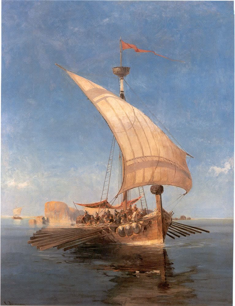 A romantic depiction of the Argo, another vessel of Greek legend around which the same puzzle has been posed. The question of what makes a thing the same thing over time recurs in law, conservation, and biology.