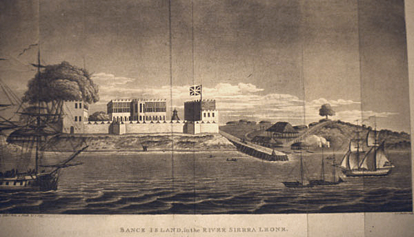 Bunce Island, a British slave-trading fort, a stark reminder of Sierra Leone's place in the Atlantic slave trade. Credit: From an original watercolor by Joseph Corry, 1805 (Public domain).