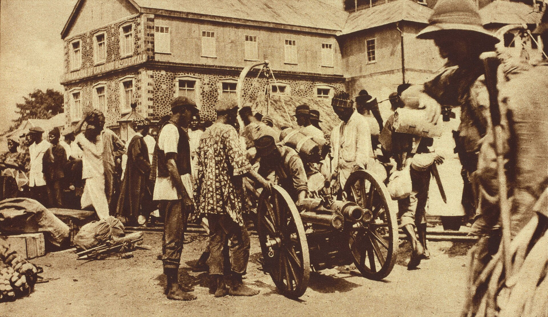West African colonial troops in Freetown during the First World War. Sierra Leone was governed by Britain as a coastal colony and an interior protectorate until independence in 1961.