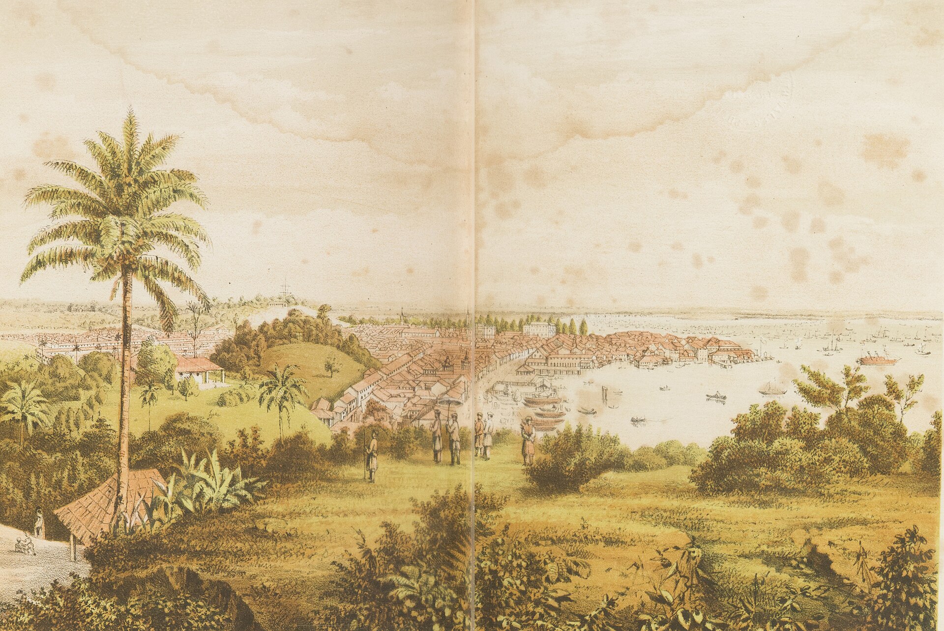Singapore in 1865, when the British free port was already a thriving hub of trade between India and China. Credit: Vincent Brooks Lithograph (Public domain).