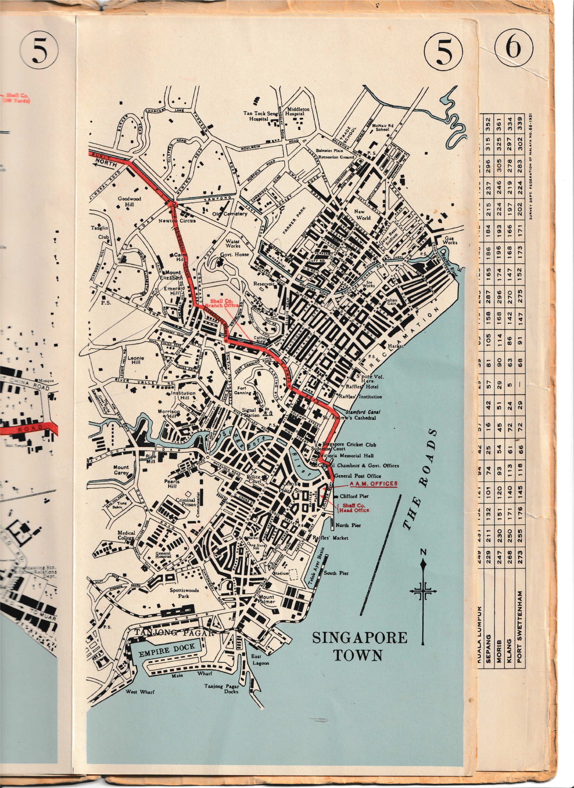 A map of Singapore city in 1951. Comparing this shoreline with the present coast shows how much of the modern city stands on reclaimed ground: Singapore has enlarged itself by roughly a quarter since independence, and whole districts sit where there was open water.