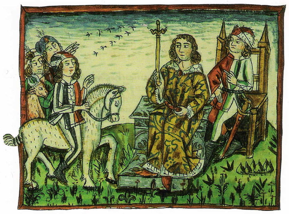 A depiction of the ancient ritual by which the Slovene dukes of Carantania were installed by the free peasantry in their own language, remembered as one of the early democratic customs of Europe.