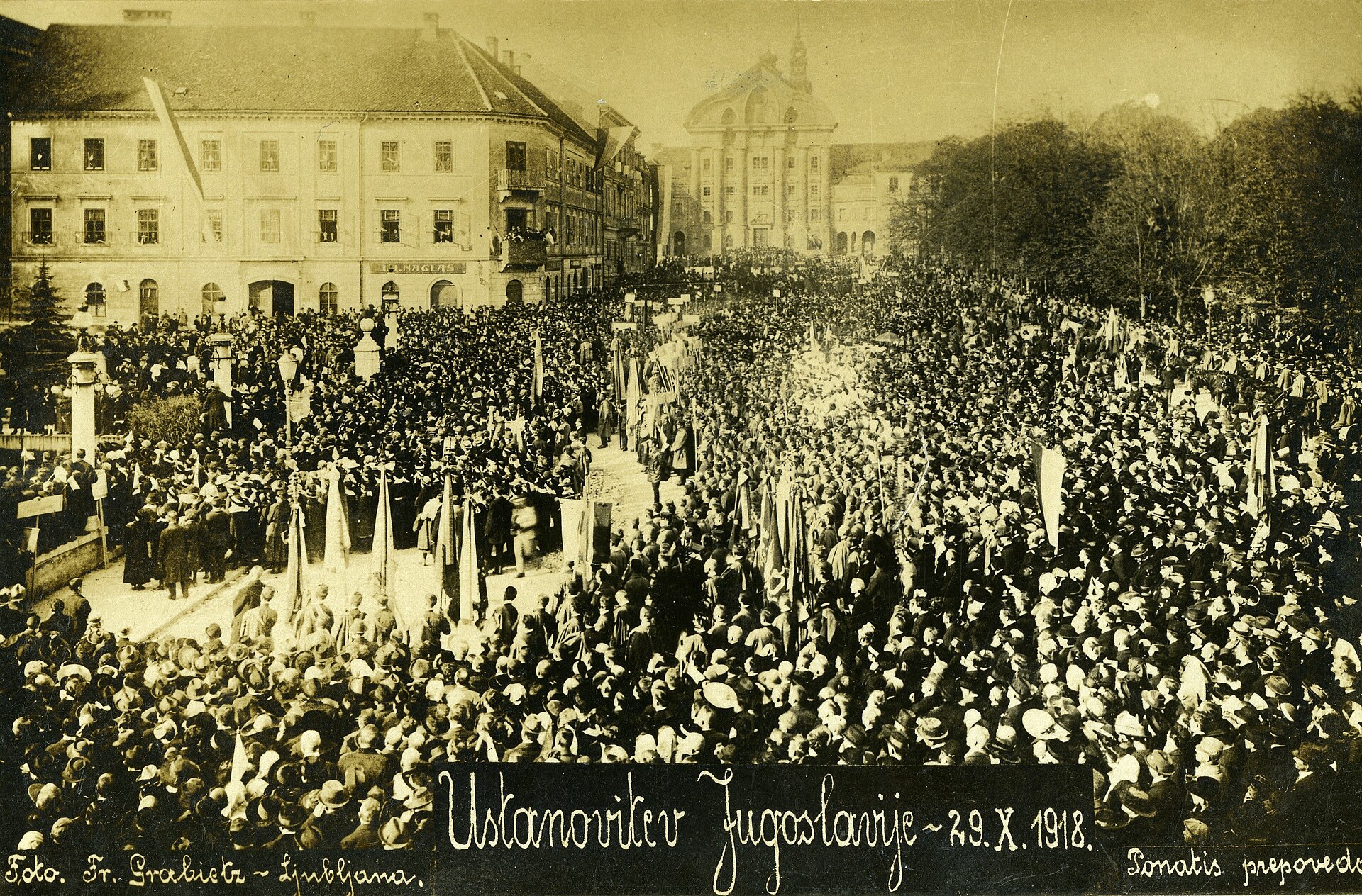 The proclamation of the State of Slovenes, Croats, and Serbs in 1918. After the fall of Austria-Hungary, the Slovenes joined the new South Slav state that would become Yugoslavia.