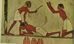 Enslaved people being beaten. Slavery is a legal status rather than a class position, and societies containing it are stratified by law as well as by economics.